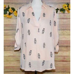 Soho Peach Owl Print Blouse Top Size L Roll Tab Sleeves V-Neck Casual Career